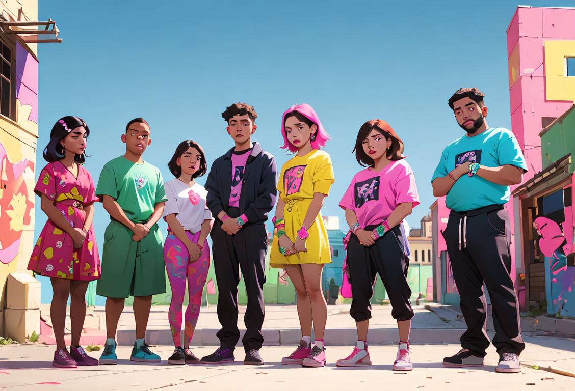 A diverse group of young people wearing colorful attire, against urban backdrop, discussing drug use prevention and positive choices..