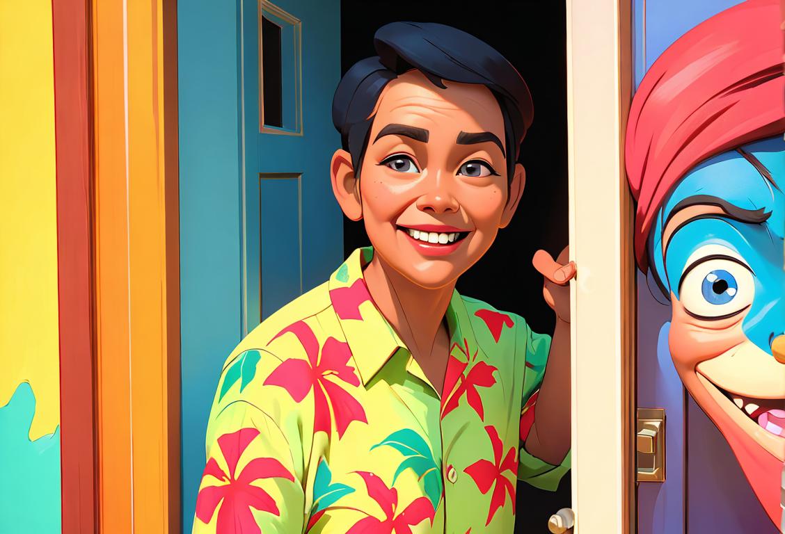 A cheerful person opening a door, wearing a colorful Hawaiian shirt, surrounded by a diverse group of people, including children and older adults..