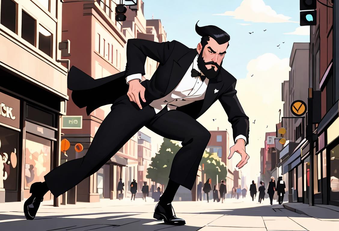 Young man confidently striding down a city street, dressed in stylish attire with a well-groomed beard, urban fashion, bustling city scene..