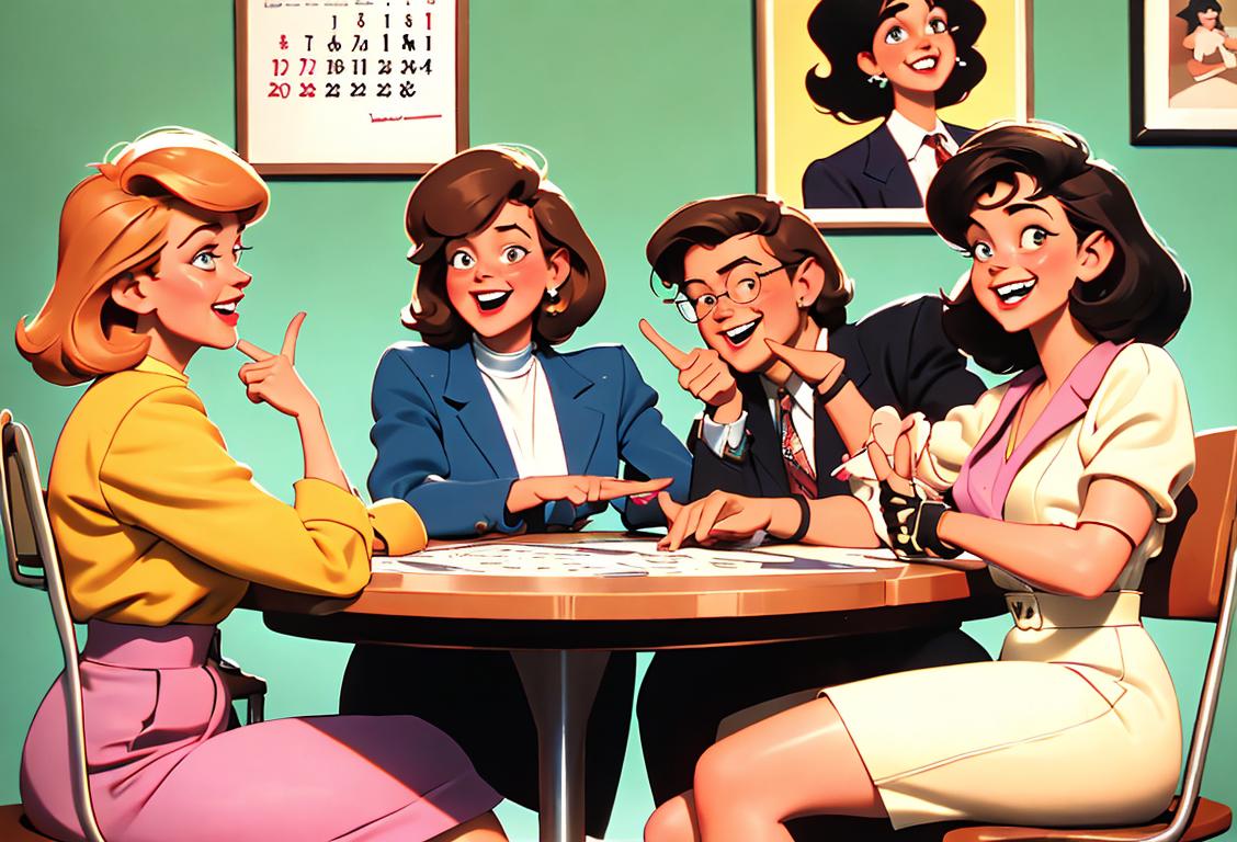 A group of people sitting around a table, laughing and pointing at a calendar, dressed in vintage clothing, 80s style office scene..