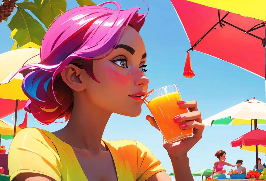 Young woman happily sipping from a colorful glass of juice, surrounded by a vibrant fruit market, dressed in summer fashion..