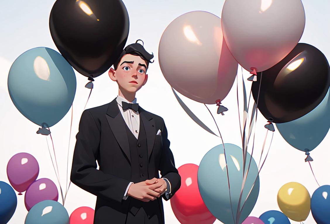 Young man wearing a white ribbon badge, dressed in formal attire, standing in front of a peaceful and diverse community gathering with colorful balloons..