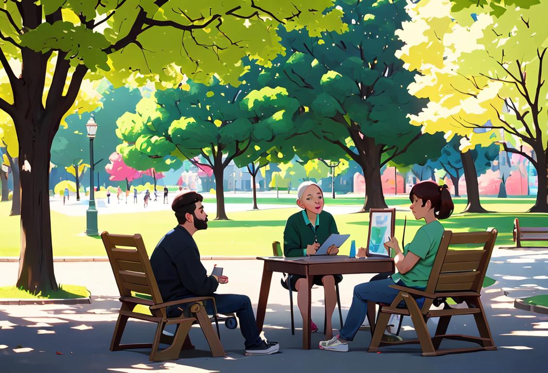 A diverse group of people sitting in a park, wearing casual clothing, surrounded by positive affirmations and mental health awareness posters..