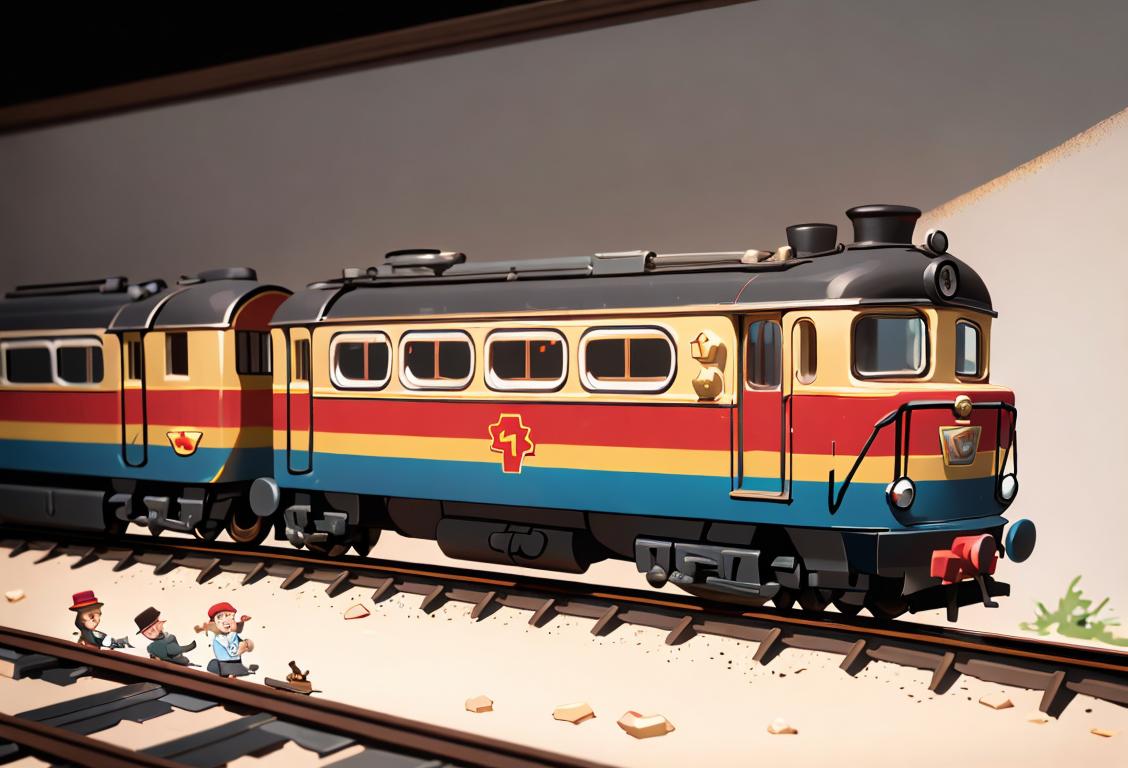 A joyful child wearing a conductor hat, surrounded by Lionel trains on an intricately detailed miniature railway set..