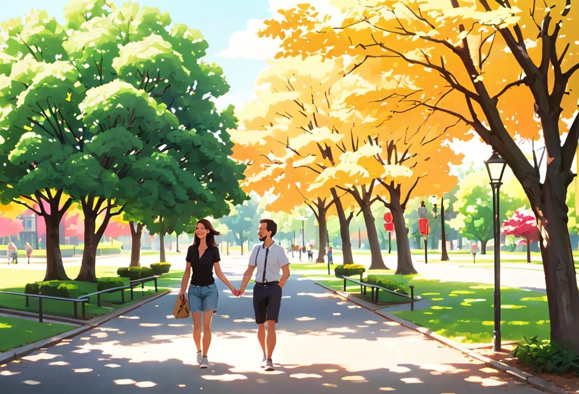 Happy people walking outside during lunch break, wearing casual clothes, urban park setting, surrounded by trees and sunshine..