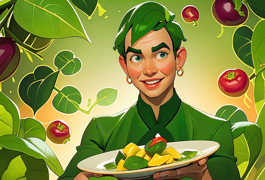 Happy person holding a plate with a delicious plate of ampalaya, surrounded by vibrant green vegetables and a Filipino kitchen backdrop..