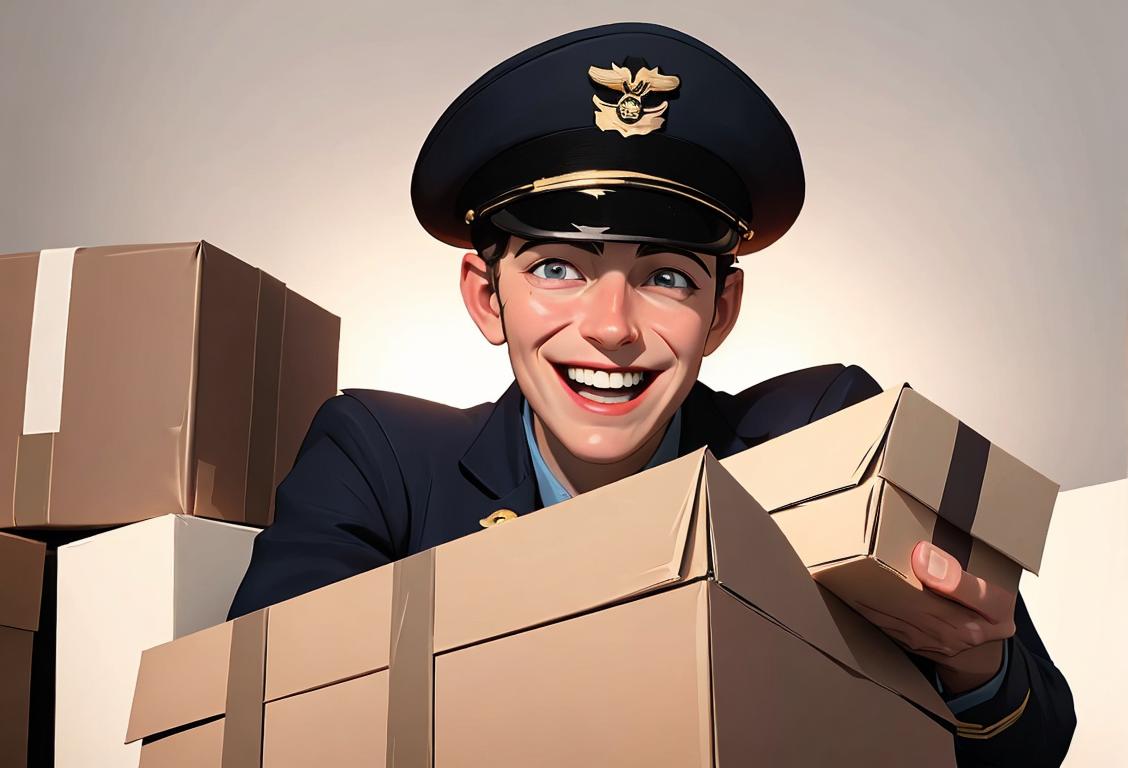 A person wearing a captain's hat, surrounded by packages and smiling with excitement..