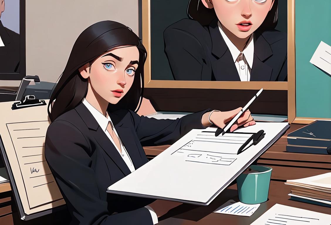 Young person wearing business attire, holding a clipboard, in a bustling office environment with professionals at work..