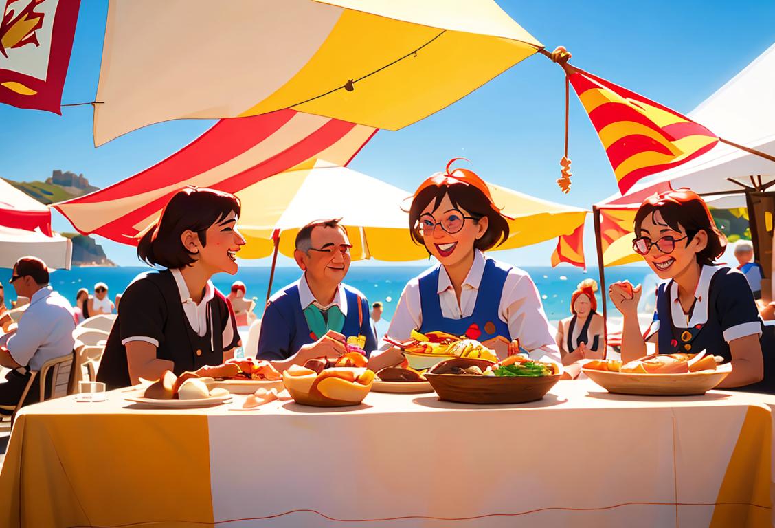 A joyful group of people wearing traditional Catalan attire, enjoying a sunny seaside festival with colorful flags and delicious traditional dishes..
