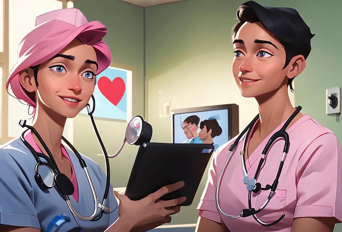 Cheerful male and female nurses in scrubs, stethoscopes around necks, helping patients, hospital setting, diverse group, heartwarming care..