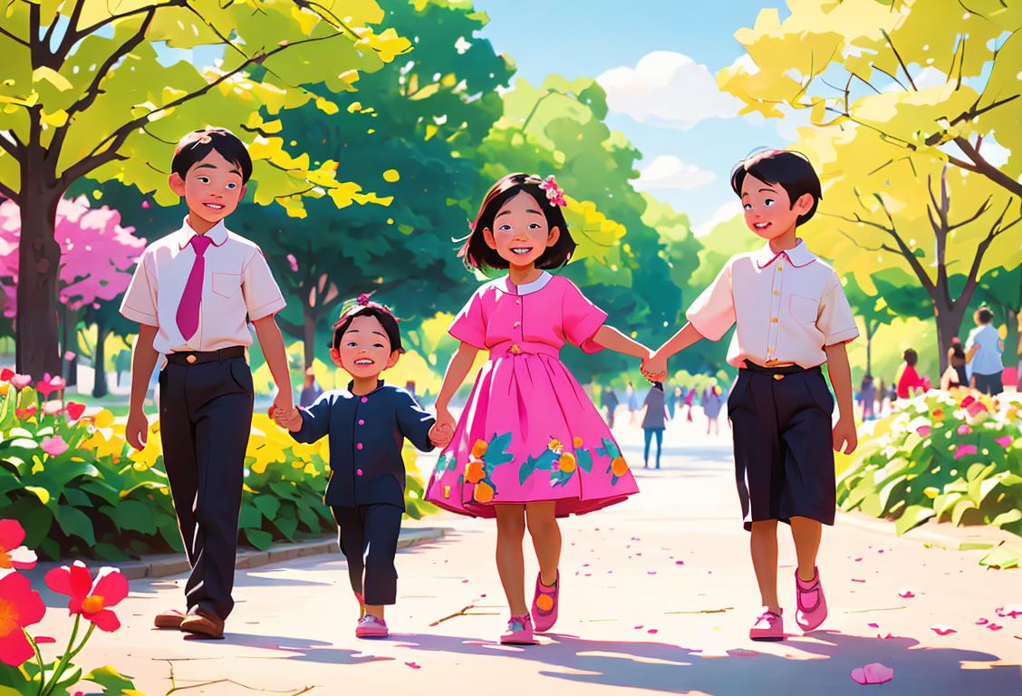 A group of diverse children holding hands and smiling, wearing colorful clothes, in a park full of blooming flowers..