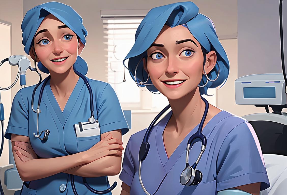 Caring nurse in light blue scrubs, stethoscope draped around her neck, surrounded by cheerful hospital setting with patients and medical equipment..