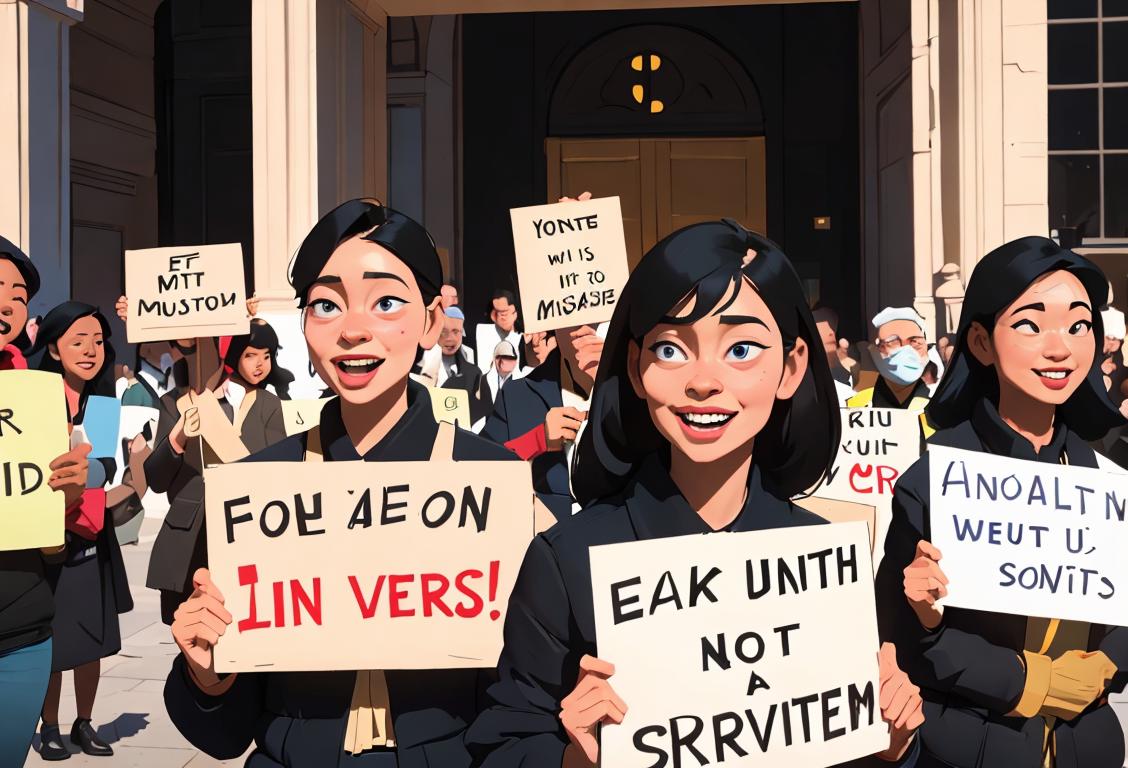 A diverse group of people holding signs with messages about service, smiling and showing unity, in a vibrant city setting..
