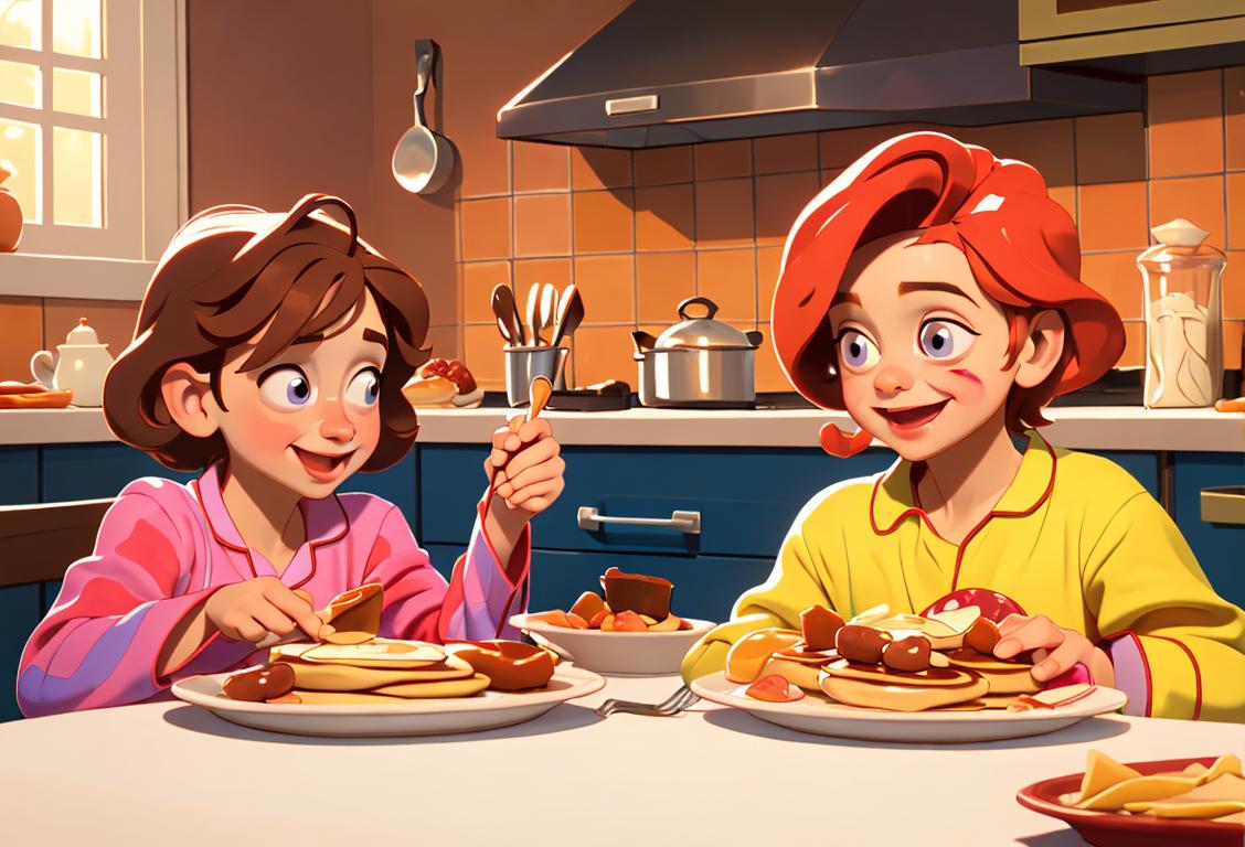 Cheerful children sharing a plate of pancake and sausage breakfast, wearing colorful pajamas, cozy kitchen setting..