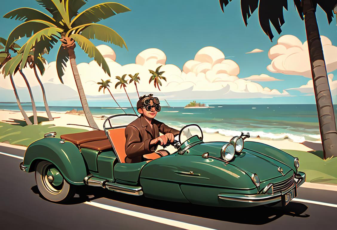 Sidecar driver wearing vintage aviator goggles, leather jacket, cruising past a scenic coastal road with palm trees..