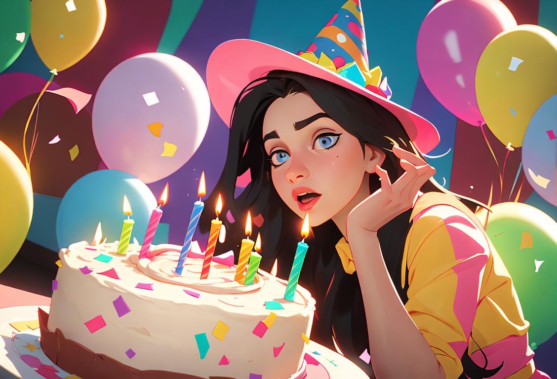 Young woman blowing out candles on a birthday cake, wearing a party hat, colorful confetti falling and friends cheering in the background..