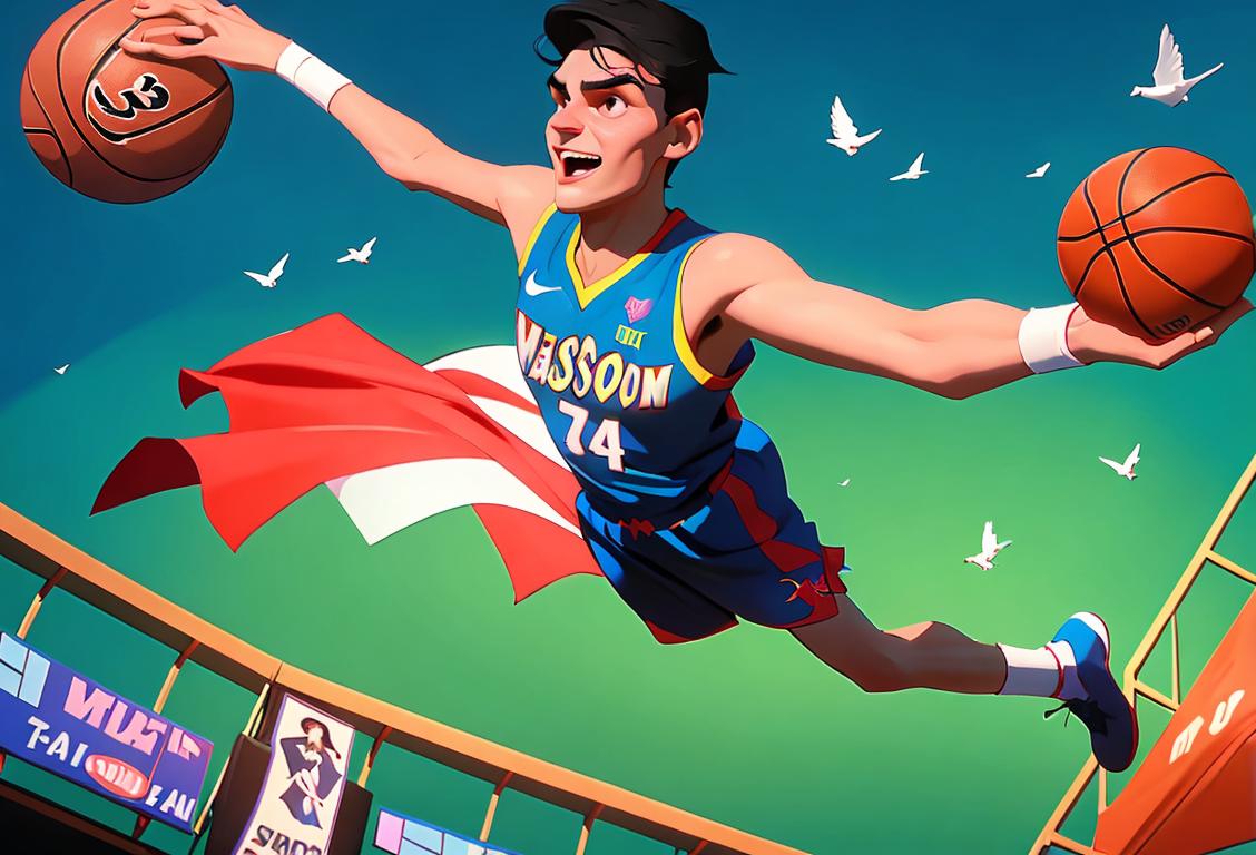 A joyful basketball player, Ersan Ilyasova, gracefully soaring through the air, surrounded by cheering fans, in a vibrant basketball arena..