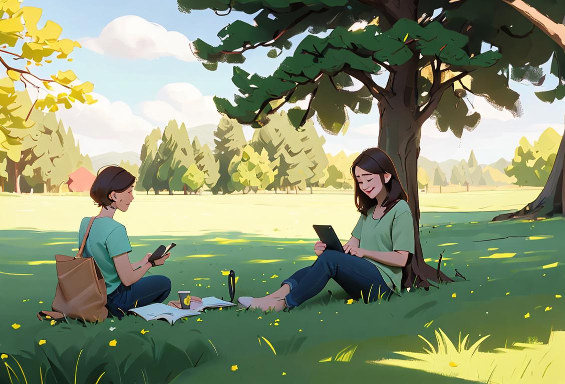 A happy person sitting cross-legged on the grass, surrounded by nature, with their phone and laptop turned off nearby..