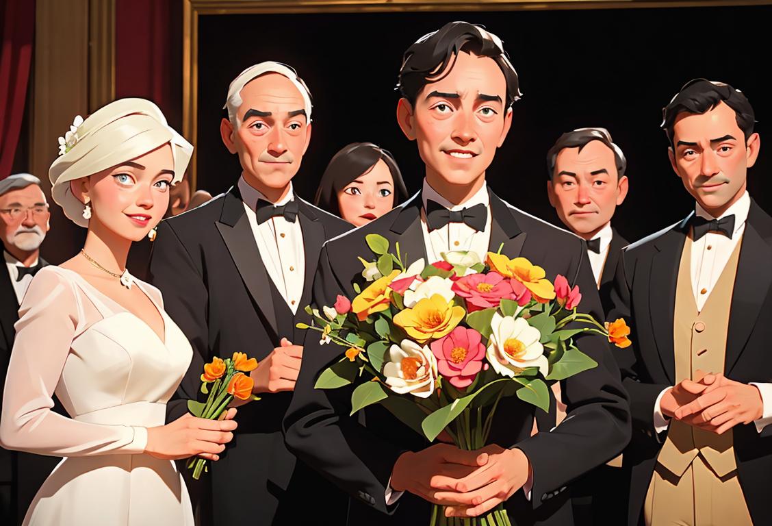 Person holding out a bouquet of flowers, dressed in formal attire, surrounded by diverse group of people with smiles..