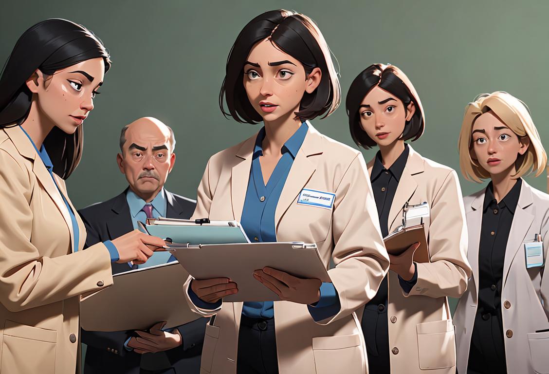 Female rehabilitation counselor, wearing a lab coat and holding a clipboard, surrounded by diverse group of individuals, representing unity and support..