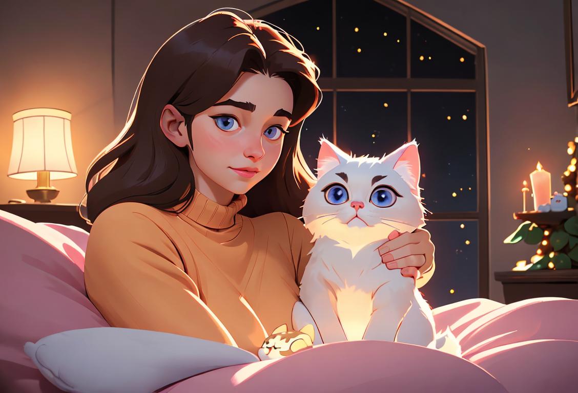 Young woman in cozy sweater, happily hugging a fluffy cat, surrounded by twinkling fairy lights and a cozy home..
