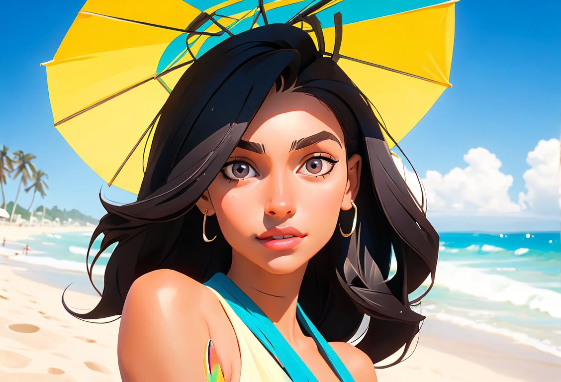 Young woman with sleek, smooth hair, enjoying a sunny beach day, wearing a stylish summer outfit with a Brazilian twist..