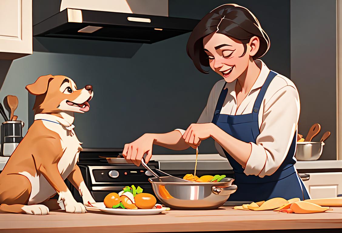 A joyful person wearing an apron, petting their happy dog while they cook up a tasty meal in a cozy kitchen..