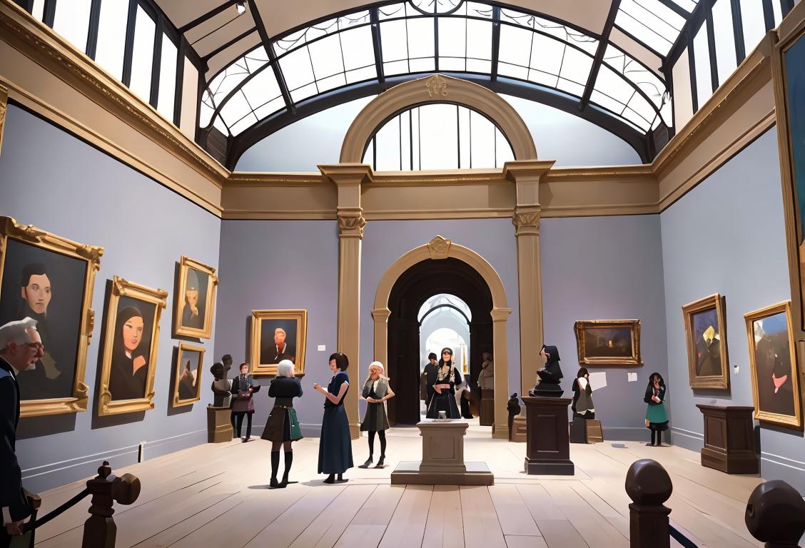 A group of diverse individuals exploring the National Museum of Scotland, dressed in various historical costumes, surrounded by ancient artifacts and exhibits..