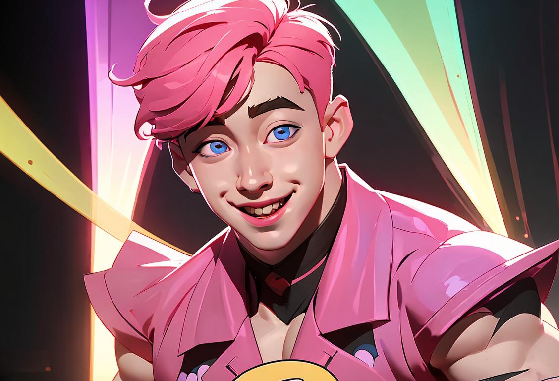 Young man called Wonho with a bright smile, wearing a colorful K-pop-inspired outfit, surrounded by energetic fans and stage lights..