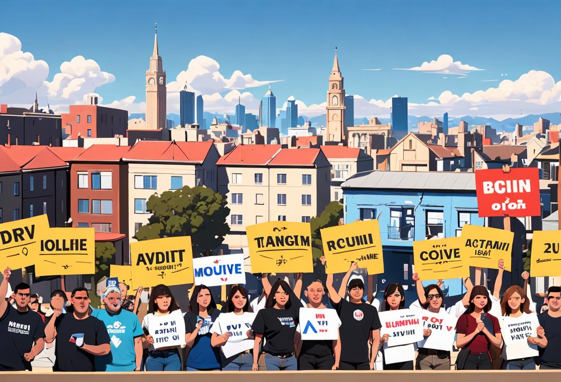 A diverse group of individuals wearing campaign t-shirts, holding signs with slogans, standing against a backdrop of a bustling cityscape under a bright blue sky..