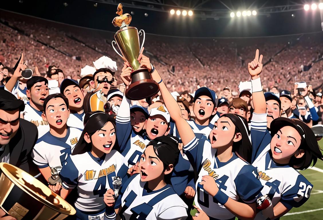 A group of excited athletes holding the national championship trophy at media day, wearing team jerseys, surrounded by flashing cameras and cheering fans..