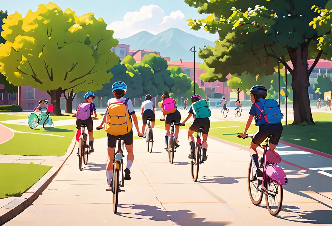A group of happy students riding their bicycles to school, wearing colorful backpacks and sporting bike helmets, with a scenic school campus in the background..