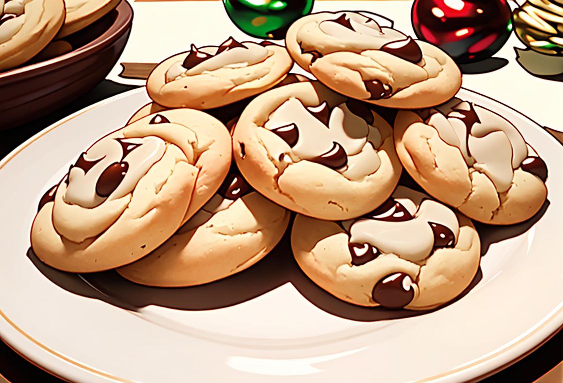 Close-up shot of pfeffernusse cookies stacked on a plate, surrounded by festive holiday decorations and a cozy kitchen backdrop..
