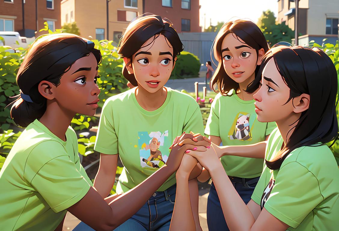 A group of diverse volunteers in t-shirts, holding hands and helping in an urban community garden..