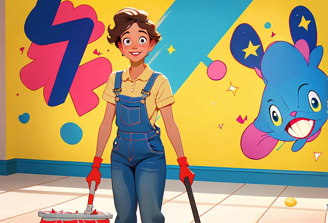 Cheerful custodian with a mop, wearing overalls, surrounded by sparkling clean school hallway and colorful murals..