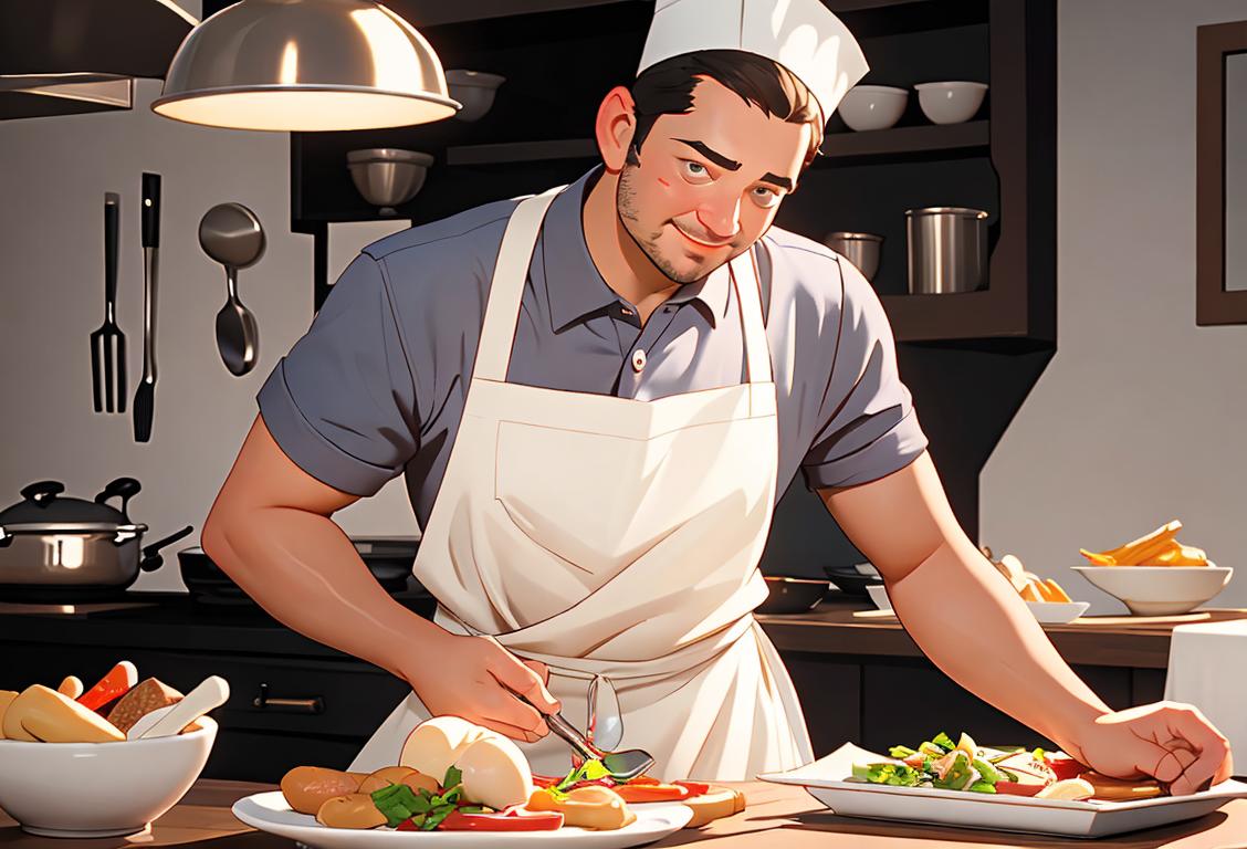Happy chef wearing a white apron, busy preparing a delicious meal in a bustling restaurant kitchen..