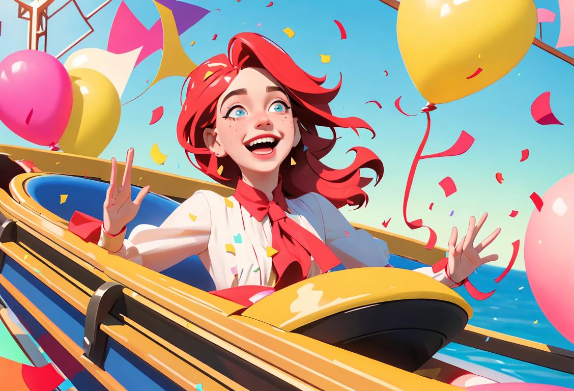 Happy National Kiervi Day! Exciting image of a person wearing a colorful outfit, on a roller coaster, with confetti flying in the air, surrounded by puzzled and laughing faces..