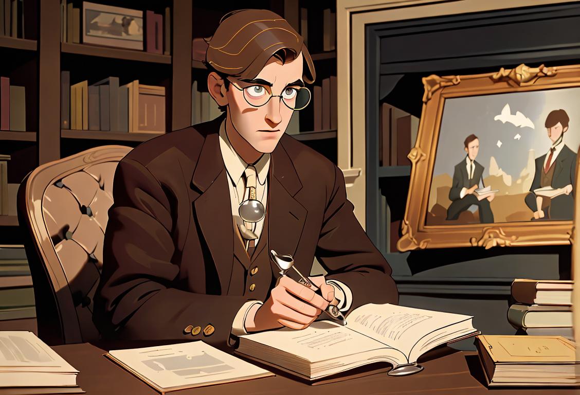 Young man wearing a tweed blazer, holding a vintage magnifying glass, sitting in a cozy library with bookshelves in the background..