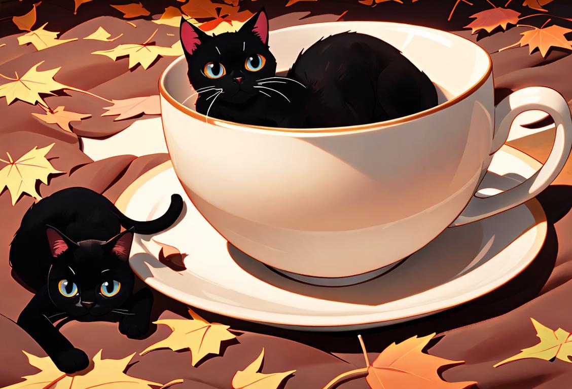 Black cat relaxing on a cozy blanket, surrounded by autumn leaves and a warm cup of tea..