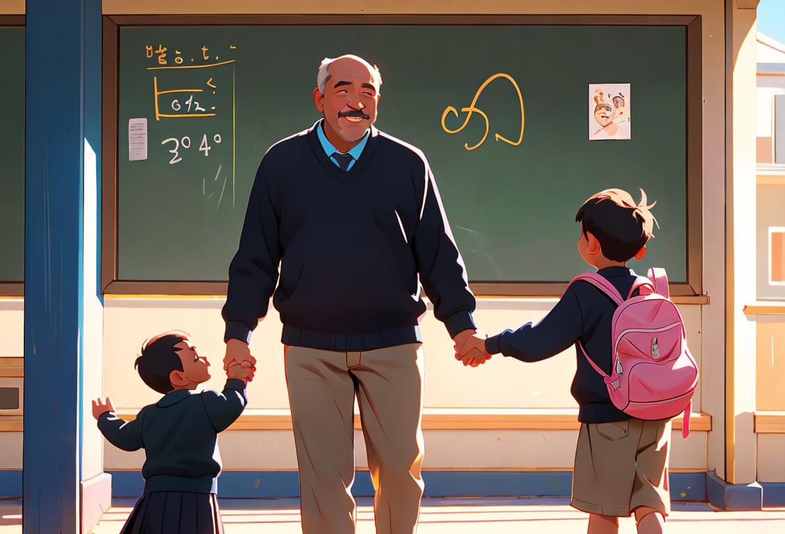 Father, child holding hands, school building in background, diverse group of children and fathers smiling, sunny morning scene..