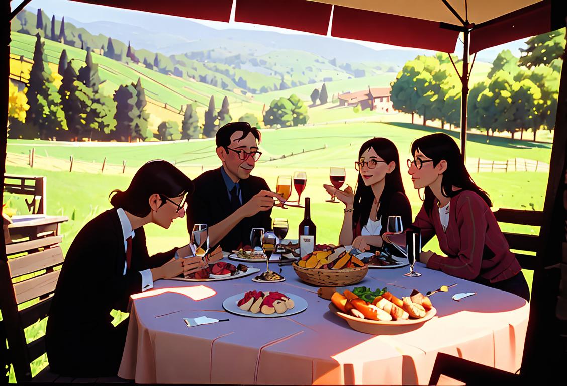 A group of friends toasting with glasses of Chianti, enjoying a picnic in a picturesque Italian vineyard..