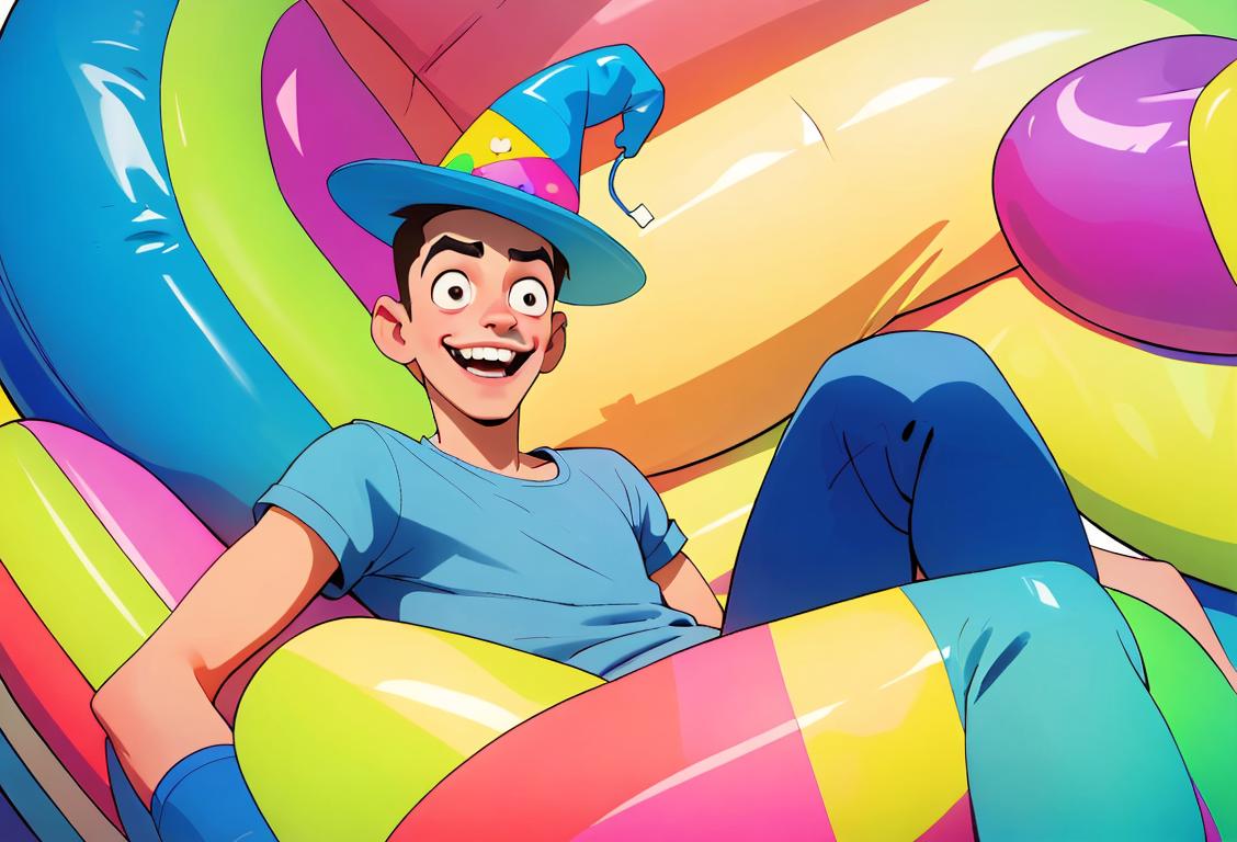 Young man, wearing a party hat, laughing while sitting on a colorful bean bag chair in a fun-filled, inflatable bounce house..