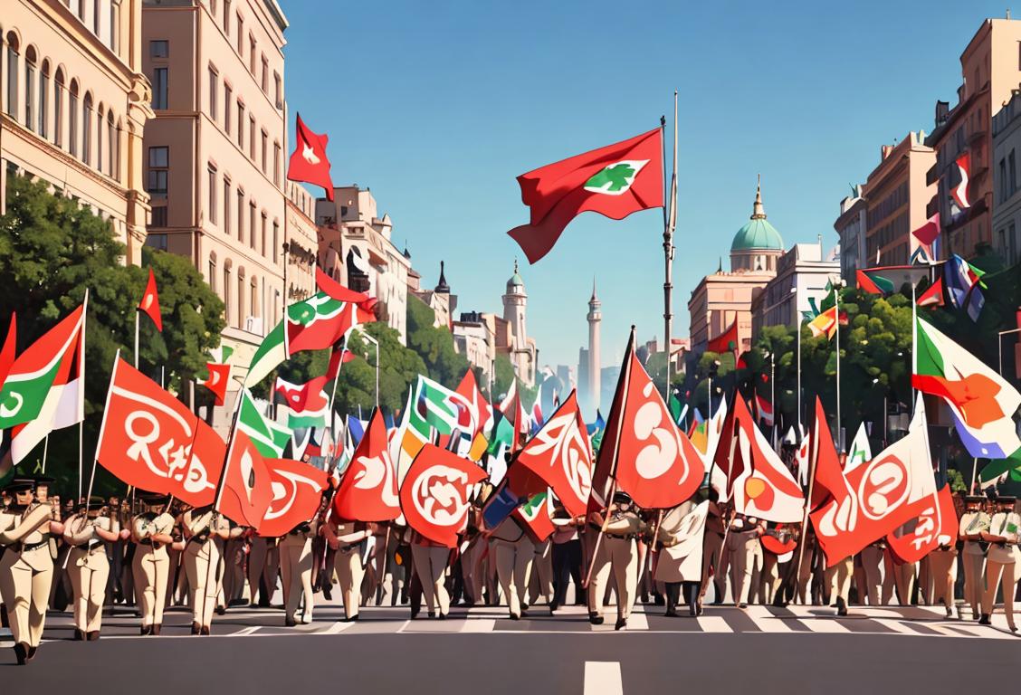 A group of diverse people marching with signs and flags in a vibrant cityscape, showcasing unity and resilience on Republic Day..