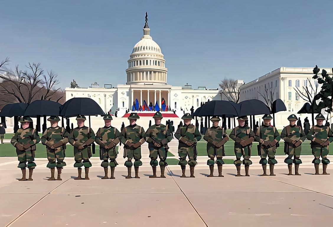 National Guard troops standing in formation, wearing camouflage uniforms, outside the US Capitol building on Inauguration Day..