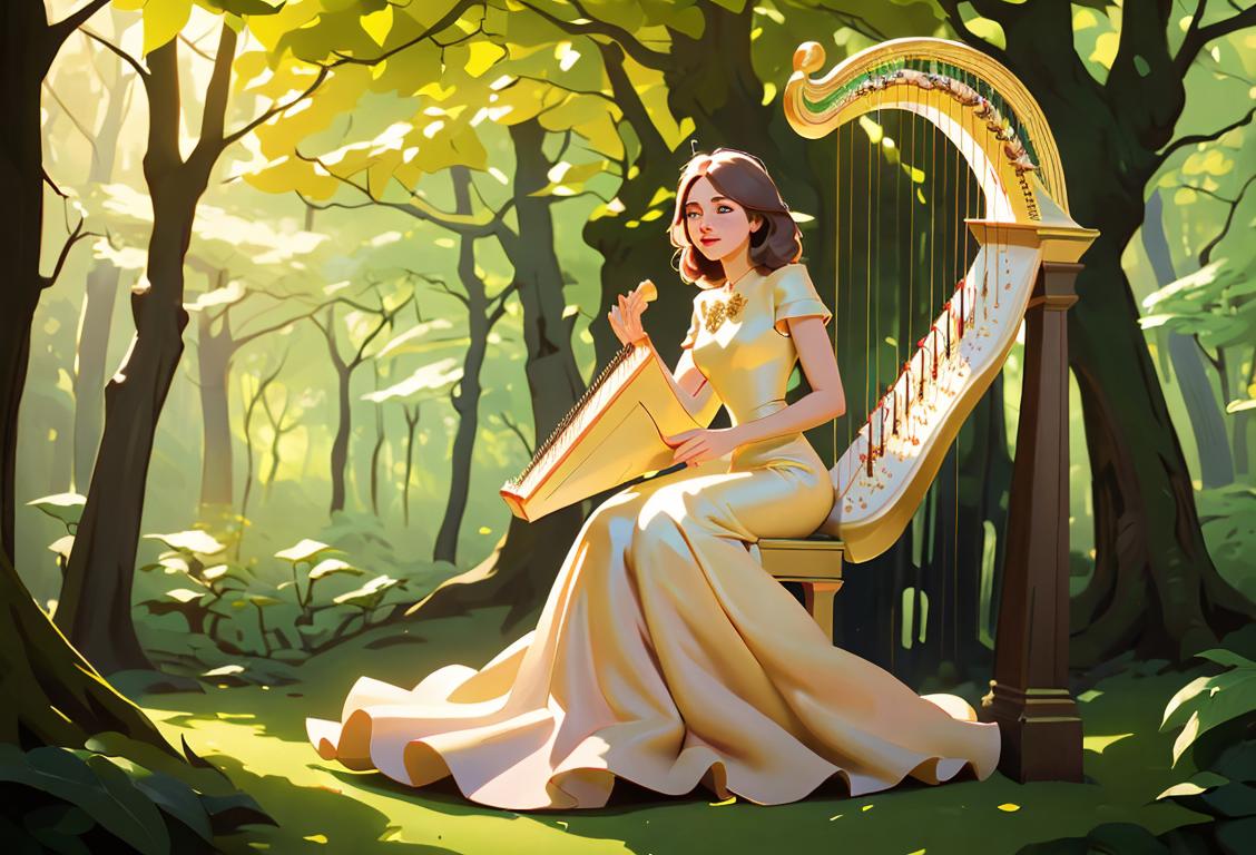 Young woman playing a harp, wearing a beautifully tailored gown, surrounded by a whimsical forest scene..