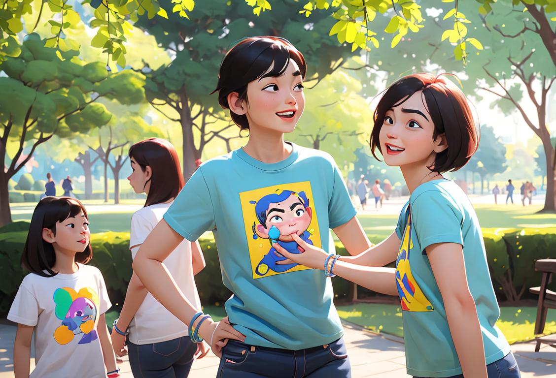 A diverse group of people with PKU bracelets, wearing t-shirts with PKU awareness slogans, in a bright and cheerful park setting..