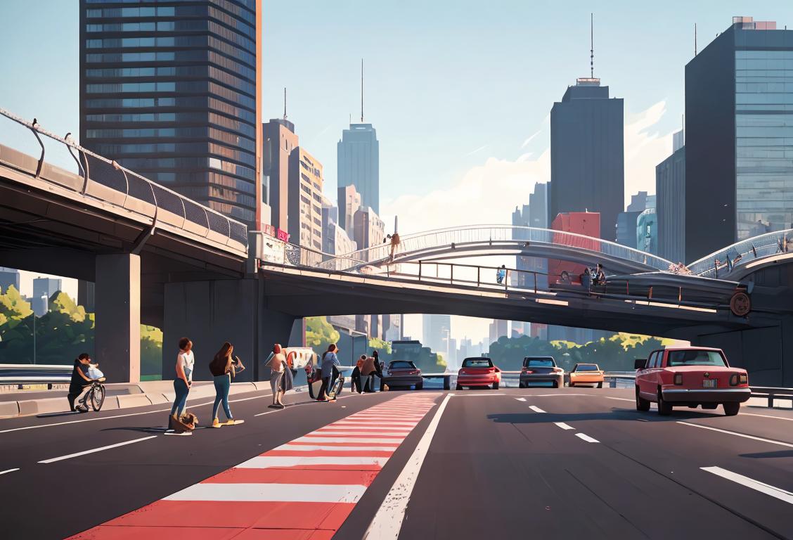 Group of diverse people on an overpass, wearing casual clothes, urban street scene with cars and skyscrapers in the background..