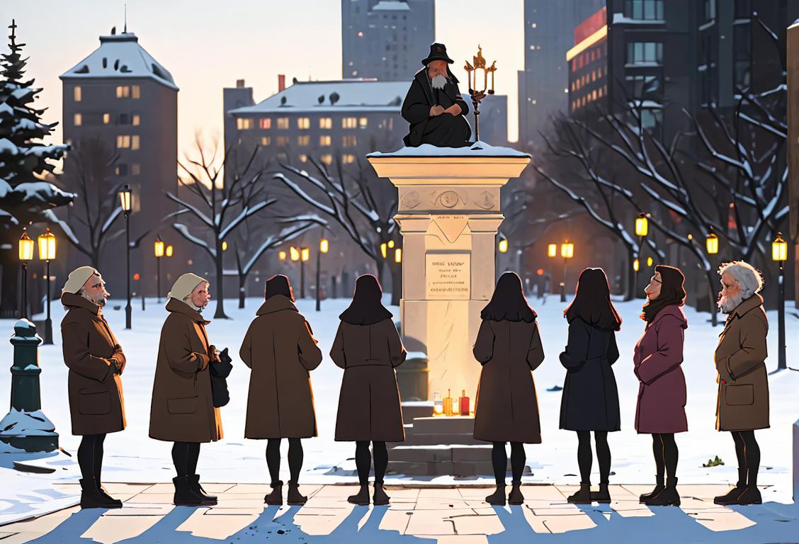 Group of diverse people wearing warm coats, holding candles, standing in front of a memorial in a city park..