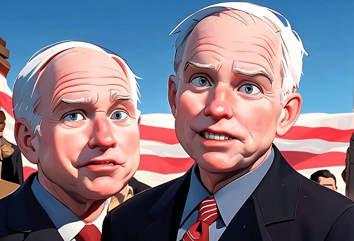 A heartwarming image of a diverse group of people gathering around a statue of John McCain, expressing admiration and respect, against a backdrop of the American flag..