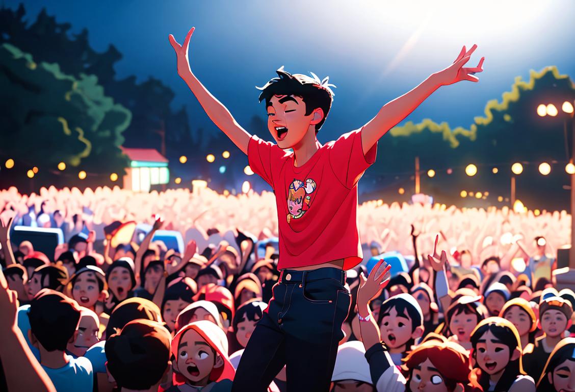 Young fans dancing and singing along to Calum Hood's music at a lively outdoor concert, capturing the energy and joy of National Calum Hood Day..